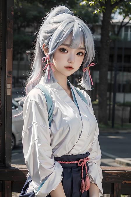 <lora:AyakaKendo:0.657>, ayaka_KendoUniform, 1 sweet girl, white long hair, ponytail, pink hair ribbon, bangs, white shirt, blue long hakama skirt, upper body, outdoors