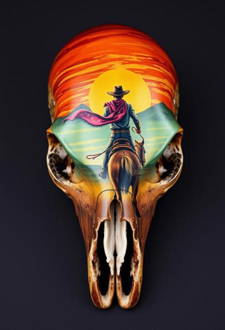 A skull, its surface transformed into a canvas of vivid, western-themed art, tells the story of a lone cowboy riding his horse off into the sunset. The painting, rendered in exquisite detail, features the cowboy's worn leather saddle and hat, his horse's flowing mane and tail, and the vast, sweeping expanse of the American West. Every brushstroke is meticulously captured, from the delicate, swirling patterns of the cowboy's bandana to the tiny, shimmering highlights on the horse's bridle. The overall effect is one of haunting, surreal beauty, as if the very essence of the American frontier has been distilled into this transformed skull, turning something once macabre into a masterpiece of western art. highest-Quality, intricate details, visually stunning, Masterpiece