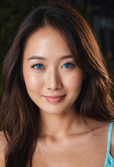 Full body portrait, photo of a beautiful 30 years old Asian woman, very pretty, fit, smile, shy smile, skinny, highly detailed face, highly detailed skin, freckles, natural breasts, large breasts, perfect breasts, hard nipples, Rounded ass, brunette hair, pubic hair, long hair, straight hair, blue eyes, perfect eyes, detailed eyes, happy, hard shadows, dark, nighttime, overexposed filter