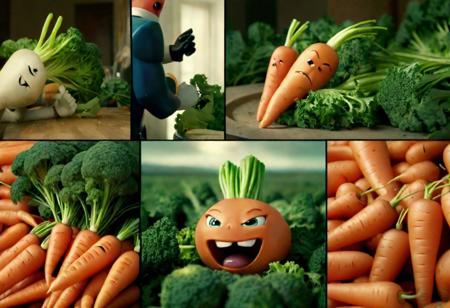 cinematic still of overly dramatic carrots fighting a war against brocollis, split screen style, several simultaneous images