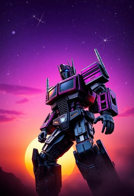Purple and black Optimus Prime action photograph with a purple sky, cosmic stars, an orange and blue synthwave sun background. Slightly turned. Damascus steel. Ultra-detailed. Hyper-realistic.