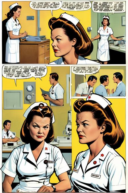 Nurse Ratched woman A series of comic book panels narrating a day in the life of Nurse Ratched, showcasing her interactions, control, and the underlying tension in the ward, classic comic style with halftone dots