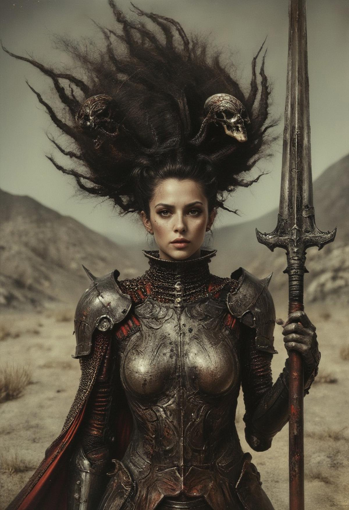 Buxom charming heavy armored HR Giger inspired knightess with flamboyant towering shoulder Armor And long Hair, Freckles, shaded eyes, vibrant creativity in a single frame, a kaleidoscope of DARK Red and Grey colors, She holds an old, impressively large weapon in her hand, exuding a laid-back yet dangerous vibe. The photo features faded colors, with a limited palette of gray, beige, and washed-out orange, capturing her cool, striking appearance.. cinematic composition, soft shadows, national geographic style,
 atmospheric haze, Film grain, cinematic film still, highly detailed, high budget, cinemascope, moody, epic, OverallDetail, gorgeous, 2000s vintage RAW photo, photorealistic, candid camera, color graded cinematic, eye catchlights, atmospheric lighting, skin pores, imperfections, natural, shallow dof,