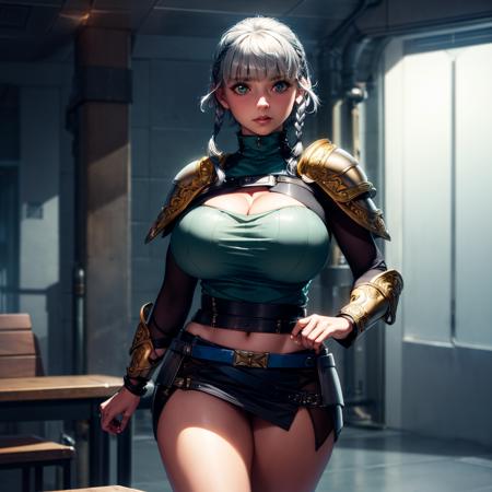 8k, 4k, intricate details, cinematic lighting, stunning environment, ornate, (realistic:1.1), detailed face, detailed eyes, detailed shadows, 1girl, solo, curvy, large breasts, cleavage, jacket, mini skirt, black skirt, green jacket, blue waist clothes, (shoulder armor:1.1), gray hair, short hair, twin braids, turtleneck clothes, <lora:CHA_SeollaSchweizer:1>,  <lora:1_ADD_Detail:1>