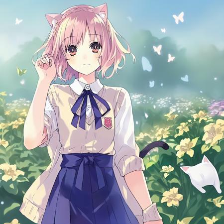 <lora:linmi:1>,1girl, original, (masterpiece), (illustration), (extremely fine and beautiful), perfect detailed, photorealistic, (beautiful and clear background:1.25), (depth of field:0.7), (1 cute girl with (cat ear and cat tail:1.2) stands in the garden:1.1), (cute:1.35), (detailed beautiful eyes:1.3), (beautiful face:1.3), casual, coat, short skirt, hair blowing with the wind, (, flowers,  butterflys flying around