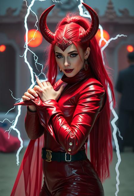 there is a woman in a red leather outfit posing for a picture, billie eilish as loki, billie eilish as female loki, maya ali as a lightning mage, iu lee ji-eun as a super villain, overlord billie eilish, wearing atsuko kudo latex outfit, maya ali as a storm sorcerer