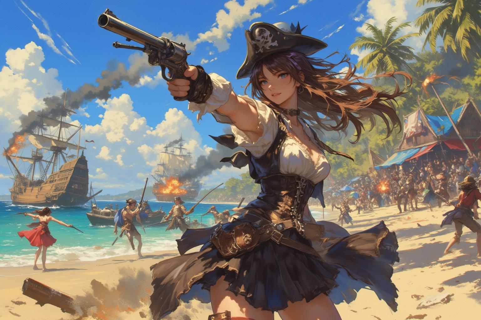 Oil painting. anime lyh. Create a dynamic action scene set on a pirate-themed beach during a battle. A fierce, confident woman dressed in a pirate-style outfit, including a top hat, corset, and flowing skirt, points a revolver directly at the viewer. Her hair flows in the wind as cannon smoke and explosions surround the area. In the background, large wooden ships are docked by the sea, and other pirates, some armed, are engaged in battle. The scene is vibrant with rich details of the ocean, sand, and chaotic action.<lora:775666270692648942:0>