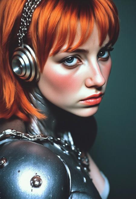 ArsMovieStill, film-grain, movie still from a 1990s indie movie, Close-up portrait of a melancholic cyborg girl, porcelain skin with freckles, metallic orange-red long glowing hair, dark dramatic eye makeup, alt girl/punk style cyborg face, chain adornments on forehead and ear, robotic body, segmented with circular joints, soft lighting, dark greenish-gray background, cyberpunk, biomechanical, vulnerable, futuristic, gritty, neon-lit slight overexposure