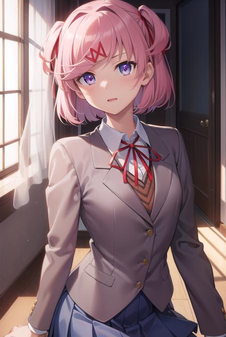 ddlcnatsuki, <lora:ddlcnatsukitest:1>,
ddlcnatsuki, fang, hair ornament, pink hair, (purple eyes:1.1), short hair, short sidetail, swept bangs, x hair ornament, (flat chest:1.2),
BREAK blazer, blue skirt, brown jacket, collared shirt, jacket, long sleeves, miniskirt, neck ribbon, pleated skirt, red ribbon, ribbon, school uniform, shirt, skirt, swept bangs, vest, white shirt, wing collar, x hair ornament,
BREAK looking at viewer,
BREAK indoors, classroom,
BREAK <lora:GoodHands-vanilla:1>, (masterpiece:1.2), best quality, high resolution, unity 8k wallpaper, (illustration:0.8), (beautiful detailed eyes:1.6), extremely detailed face, perfect lighting, extremely detailed CG, (perfect hands, perfect anatomy),