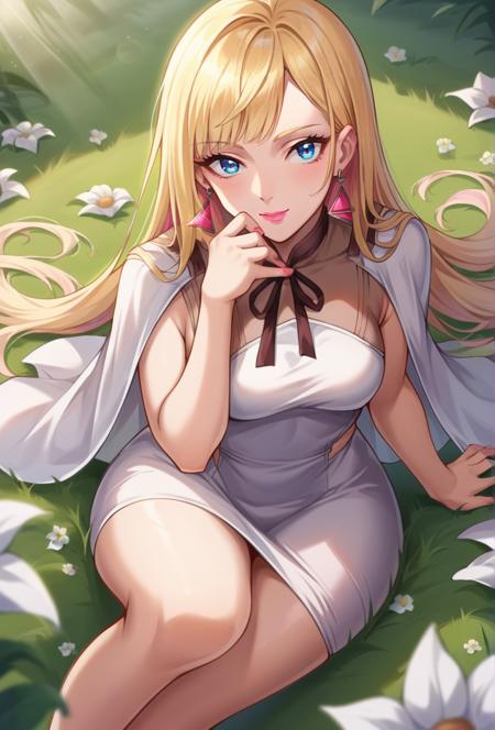 blonde hair, long hair, blue eyes earrings, triangle earrings, jewelry, white dress, white capelet, white skirt, medium skirt, ribbon, wide hips, medium breasts, high heels, no socks, pink lips, nail polish, pink nails