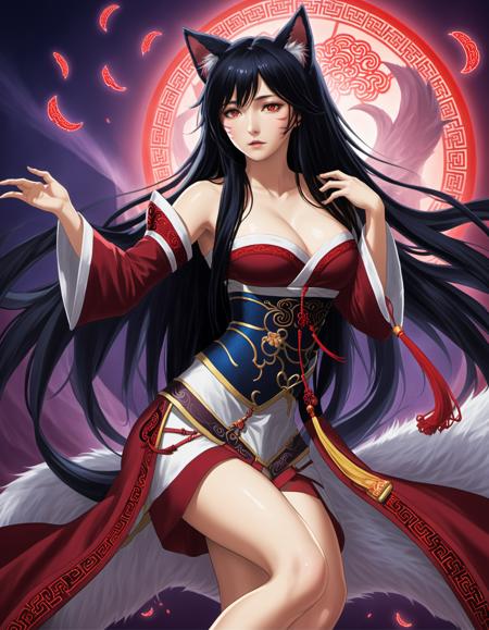 ahri, 1girl, long hair, animal ears, whisker markings, korean clothes, cleavage, detached sleeves