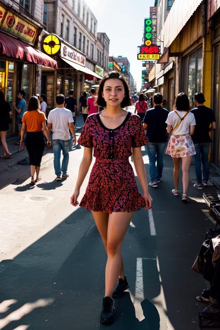 <lora:TinaTomaSD:1>, A young woman with in a modern casual dress, walking through a vibrant city street with street vendors, neon signs, and historic-modern buildings. Warm sunlight filters through, highlighting her composed demeanor. Cinematic composition, realistic lighting, and vibrant colors.