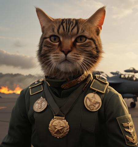 cinematic film still masterpiece, ultra quality, ultra detailed, cat man in a military pilot's uniform with a lot of medals in a fighting against the backdrop of a battle, golden hour, cloudy, concept art, epic realistic, ultrarealistic, realistic, photorealistic, <lora:add-detail-xl:1.2>, RAW photo, (high detailed skin:1.2), 8k uhd, dslr, soft lighting, high quality, film grain, Fujifilm XT3 . shallow depth of field, vignette, highly detailed, high budget, bokeh, cinemascope, moody, epic, gorgeous, film grain, grainy