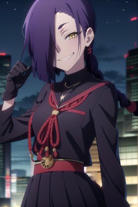 magane chikujouin, long hair, purple hair, braid, single braid, (hair over one eye:1.5), (yellow eyes:1.3), sharp teeth, skirt, thighhighs, gloves, jewelry, school uniform, earrings, serafuku, black gloves, black thighhighs, necklace, zettai ryouiki, 