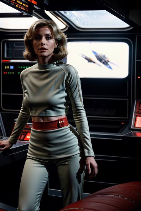fashion photography, (in a vintage spaceship on the moon:1.1),old british scifi tv show, nsfw, (group profile :1.1), photo portrait of (deneuve|grace|monica), (a stunning young blonde woman:1.1), Sprinting, 70's haircut, naughty face, looking at the camera, (small breasts, small boobs, small tits:1.2), wearing a (revealing s1999unf uniform:1.1), (no pants, pants off:1.1), nude legs, bare legs,  sexy s1999unf uniform, red left sleeve, (cameltoe:1.1), (crop top:1.1), (underboob:1.1), navel, midriff, sexy pose, provocative pose, subsurface scattering, sharp focus (Flickering light:1.1), dlsr, ultra sharp, 8k, futuristic space station or lunar colony reminiscent of 'Space: 1999.' The setting should be filled with advanced technology, sleek design, and a sense of wonder. Capture the ambiance of the environment with attention to details like the architecture, lighting, and (futuristic gadgets:1.1). Include shots of characters in the (iconic space uniforms:1.1), engaging in (scientific activities:1.2) or exploring the (lunar landscape:1.1). Emulate the show's distinctive (retro-futuristic aesthetics:1.1), blending sleek modernism with a sense of cosmic adventure.<lora:S1999unf:0.7>