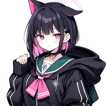 kazusa, 1girl, animal ears, colored inner hair, halo, short hair, hairclip
school uniform black choker, black hooded jacket, green sailor uniform, pink neckerchief,
light smile, expressionless,
upper body, (simple background, white background:1.9), <lora:chara-kazusa-v1c-16:1>