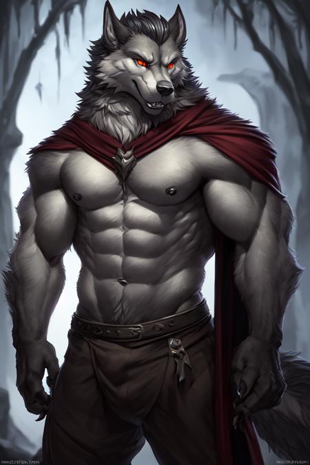 dark fantasy art, uploaded on e621, anthro, nsfw, furry, explicit, explict, (by mrsafetylion, mrjimmydafloof, h0rs3, ruaidri, spelunker sal), ((werewolf)), high res, ((detailed realistic image)), (detailed eyes, expressive eyes:1.2), impasto impressionism, insane details, soft, cinematic lighting, (hyper realistic fur:1.3), (detailed fur:1.2), pupils, (full body view), (fur covered body), (male),  (athletic:1.5), (werewolf face), (werewolf features), (expressive face, detailed face), (anime hair:1.4), (realistic quality:1.3), photographic quality, <hypernet:furry_2:1>, (posing), full color, (3d:1.3), (graying hair:1.3), kemono, (highly detailed:1.3), red eyes, (evil grin), overdramatic villain, (bulge:1.2), (evil lair background), magic, sorcerer, chaos, corruption, (villain outfit), (tattered cape), villain, muscle, muscular,