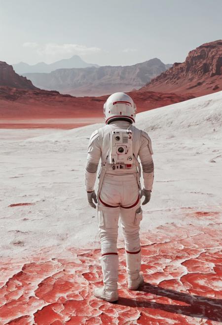 astronaut, spacesuit, from behind, (astronaut scratching his helmet, one hand on top of helmet), confused posture , sense of isolation. Star Wars style, pure white and pure red desert, one side brilliant white salt flats, the other side vivid red mineral soil, sharp dividing line, flat horizon, minimal rocky outcrops, ethereal light, vast mountains, cinematic atmosphere, masterpiece, atmospheric haze, surreal and otherworldly, inspired by Crait from Star Wars, high contrast colors, vast emptiness, perfect composition, subtle texture differences between white and red surfaces, beautiful atmosphere, ultra detailed light, perfect shadow, funny.