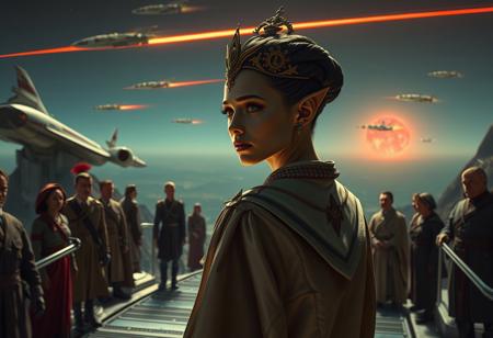 At the ramp to the alien royal space shuttle, a beautiful alien princess (shown in close-up) looks back for one last look at her home planet, which she leaves for good. The princess's gaze is sad. The princess's robe has a marching character and symbols of her belonging to the ruling dynasty. The expression of anxiety on the faces of several courtiers accompanying the princess. Several cigar-shaped spaceships shine in the sky above, on which the survivors of the attack on their home planet of the enemy xenomorphic race left the planet. On the horizon in the distance you can see a red streak of fire glow and several flashes against the background of the glow.