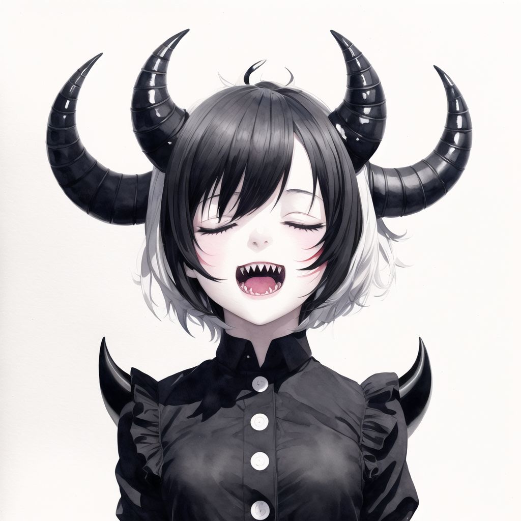 1girl, arms under breasts, black horns, buttons, closed eyes, demon girl, horns, limited palette, open mouth, painting \(m...