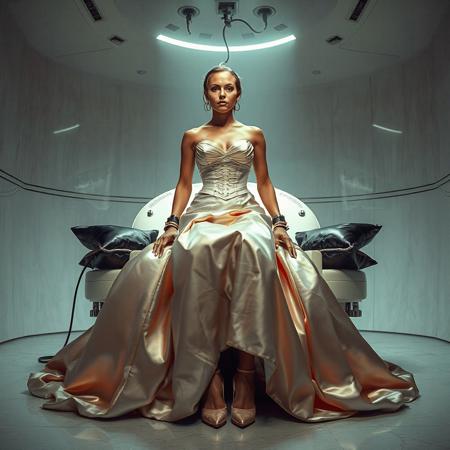 A slender, arrogant  rich norvegian bride, dressed in a luxurious, rich fantasy satin wedding gown with a fitted, boned corset and a full, flared skirt, paired with satin high heels, orgasm face, encased in beam of light from celling. The brainwashing temple electrode,  connected to a  futuristic superconputer rack. Her hands and ankles are bound to a biomechanical white chair, adorned with wet-look glossyblack slime  pillows, by massive steel restraints, accentuating her ultra-thin waist. she is drugged from standing drop counter with weird medicine. The scene is set in a sterile, empty chamber, with a glossy mother-of-pearl finish, evoking a sense of futuristic dread. Inspired by the cinematic styles of Ridley Scott, Guillermo del Toro, and H.R. Giger, with a blend of sci-fi and horror elements, this full-body portrait is a masterpiece of cinematic storytelling, shot on a virtual v-raptor XL camera, with a warm, film-grained aesthetic, subtle vignette, and rich color grading, reminiscent of 35mm film, with dramatic, atmospheric lighting, inviting the viewer to immerse themselves in this epic, stunning scene.
