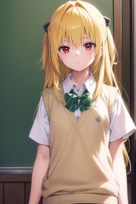 toloveruyami, <lyco:toloveruyami-lyco-nochekaiser:1>, 
yami, (yellow hair:1.5), long hair, (red eyes:1.5), (hair ornament:1.2), two side up, (small chest:1.2), 
BREAK school uniform, shirt, white shirt, bow, (green bow:1.5), skirt, (green skirt:1.2), pleated skirt, short skirt, sweater, (light brown sweater vest:1.5), short sleeves,
BREAK indoors, classroom,
BREAK looking at viewer, (cowboy shot:1.5),
BREAK <lyco:GoodHands-beta2:1>, (masterpiece:1.2), best quality, high resolution, unity 8k wallpaper, (illustration:0.8), (beautiful detailed eyes:1.6), extremely detailed face, perfect lighting, extremely detailed CG, (perfect hands, perfect anatomy),