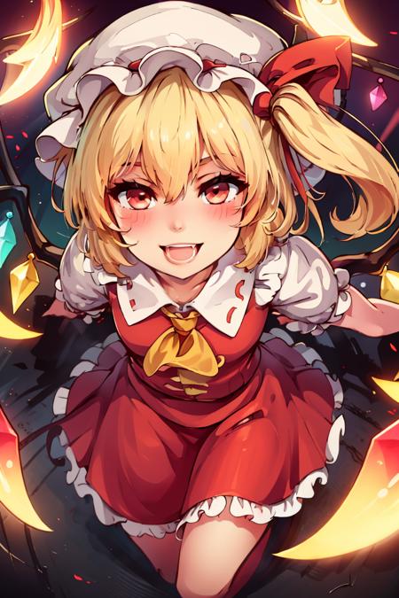 Flandre_Scarlet_Touhou,  1girl, flandre scarlet, solo, blonde hair, wings, red eyes, looking at viewer, blush, hat, crystal, one side up, ribbon, red skit