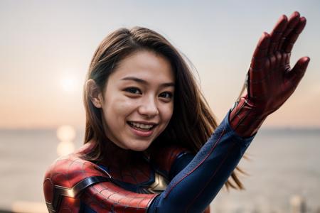 Marvel movies,photo of a 18 year old girl,spiderman,high five,happy,laughing,outdoor,windy,street,tokyo,ray tracing,detail shadow,shot on Fujifilm X-T4,85mm f1.2,depth of field,bokeh,motion blur,<lora:add_detail:1>,