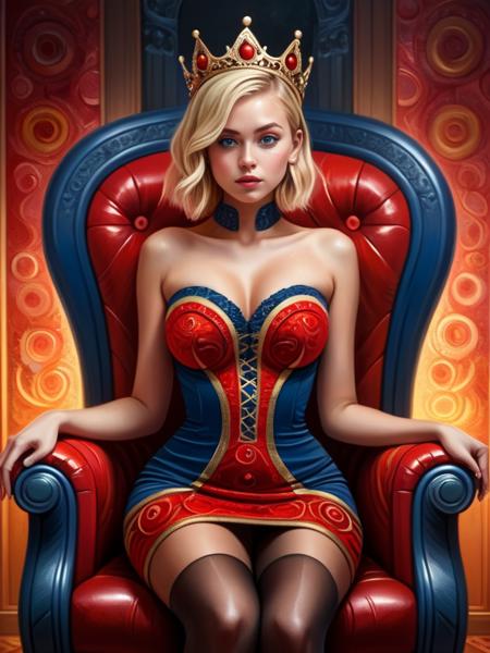 best quality, masterpiece, photorealistic, ultrarealistic, professional photograph shot on Canon EOS R6, 80mm, moody lighting, 1girl, (beautiful 24 yo swedish girl), perfect curves, sitting on a ral-colorswirl royal throne, ral-colorswirl royal throne room, black ral-colorswirl thighhighs, (red ral-colorswirl royal dress, red ral-colorswirl royal miniskirt), ral-colorswirl strapless, suggestive pose, romantic, solo, detailed eyes, looking at viewer, golden tiara, royal room, beautiful, looking at viewer, crossed legs, embarrassed, cleavage, (nighttime, dark theme), fantasy, from front, arched neck, looking at viewer playfully, smirk, low key, dimly lit BREAK (short blonde hair, laced hair:1.2) <lora:ral-colorswirl-sdxl:1>