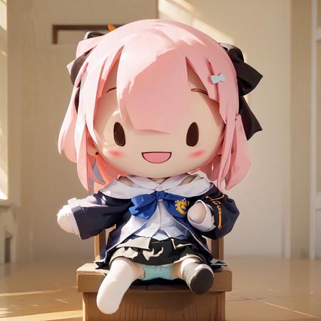 wanju\(fufu\),solo, chibi,skirt, pink hair, panties, blue eyes, underwear,looking at viewer, black panties, shirt, blue skirt, smile, pleated skirt, jacket, knee up, open mouth, breasts, long sleeves, white shirt, bow, sitting, bangs, blue footwear, bare legs, bowtie, off shoulder, pink bow, blue jacket, medium hair