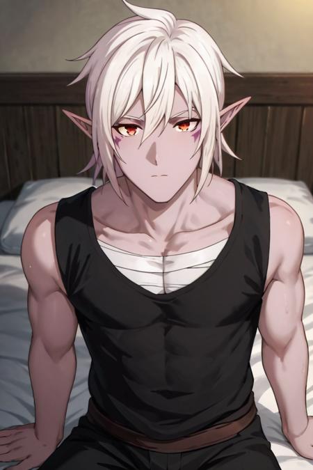 Riheet,white hair,red eyes, COLORED SKIN, pointy ears, facial mark,