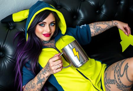“A high-definition photo of a beautiful 20-year-old goth girl with long, dark purple hair featuring silver highlights, lying seductively on a black leather couch. She wears a dark blue and neon green Pikachu onesie with the zipper slightly open, revealing larger, fuller curves. The girl has a confident smile, with piercing blue eyes accentuated by dark eyeliner and metallic plum lipstick. Her body is adorned with numerous intricate tattoos, covering her arms, neck, and chest. She holds a large steel coffee mug, marked with a yellow lightning bolt and the words ‘Buzz Queen’ in bold. 8k detail, full body.”