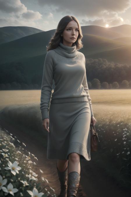 dianekeaton, a elegant woman, on a (plowed field:1.2), wearing a (cowl-neck-sweater), (flowering-landscape), (8k, best quality, depth of field, ultra high res:1.2), (absurdres, intricate, photorealistic, masterpiece, ultra-detailed, Unreal Engine:1.3)