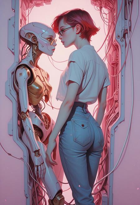 cinematic shot, strong backlighting, ethereal vibes,
 0010011_illu,  ArsMJStyle, Colored pencil hyperdetailed realism, masterpiece, very awa, amazing quality, best quality, 
creative concept, very aesthetic, (digital painting artwork,:0.5) 
1girl, tomie kawakami, solo, full body, short hair, simple background, golden eyes, red hair, short twist hair, short sleeves, open clothes, short denim, from front, profile, glasses, robot, science fiction,  golden and silver background, cable, joints, robot joints, mechanical parts, pale blue and pale pink theme, cyberpunk, limited palette,