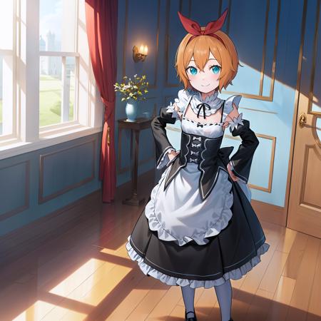 masterpiece,best quality,anime,(2d:1.2),indoors, 
 <lora:PetraNai:1>
1girl, roswaal mansion maid uniform, solo, maid, short hair, detached sleeves, orange hair, bow hairband, ribbon, cowboy shot, looking at viewer, hairband, apron,indoors, red hairband, frills,black footwear, hair between eyes,white pantyhose, pout, smile, standing, shoes, cyan eyes, :t, white apron, bangs, hair ribbon, waist apron, hands on hips, neck ribbon, black ribbon, red ribbon, detached collar, black sleeves,