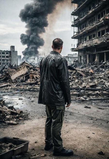 Photo of a man who is standing looking at how his city has been destroyed by a nuclear bomb. He has just arrived at the disaster and observes the horror of the destruction, ruined buildings full of smoke and flames, ground full of rubble with skeletons lying around In the dawn light floods the scene, the man is completely dressed in normal clothes and wet, he is dirty, everything is a disaster, the sky is cloudy and it is raining, , Fujifilm XT3,film still,film grain,cinematic,soldier accessories,war style, professional photo,best quality and best aesthetic,Award-winning artistic photos,Outdoors,public places,defeated posture, ( detailed in background:1.6)Serious,Curi