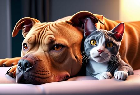 pitbull and cat cuddled up together. hyperdetailed, hyperrealistic, vivid colors, Ultra High Definition 64K, Detailed and Intricate, Digital Art, Realistic, Cinematic, Studio Lighting, Beautiful Lighting,landscape view