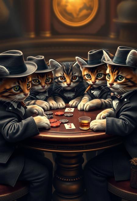 A hyper-stylistic, extremely detailed image depicts a group of kittens dressed as 1940s mobsters, sitting at a round table playing poker. Each kitten is adorned in a miniature fedora, suit, and tie, complete with a tiny cigar clenched between their teeth. The table is a swirl of activity, with cards, chips, and whiskey glasses scattered about. The kittens' eyes gleam with mischief as they study their hands, their little paws hovering over the cards. Every detail of the image is meticulously crafted, from the intricate, textured patterns on the kittens' suits to the delicate, nuanced expressions on their faces. The overall effect is one of adorable, comedic gangster charm, as if the viewer has stumbled upon a secret, high-stakes kitten poker game. highest-Quality, intricate details, visually stunning, Masterpiece