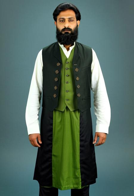 Create a hyper-realistic image of a Pakistani man dressed in  Weird dress Women Dress . The man should appear in his 40s with a gentle expression, medium build, and long beared.  green dress with black waistcoat. (detailed face:1.2), <lora:JuggerCineXL2:1.0>