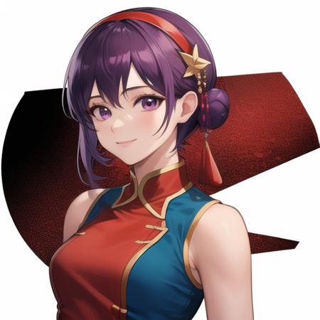 (masterpiece, best quality:1.2),illustration,8k,hd,1girl,solo,upper body,(portrait:1.2),fingerless gloves,short hair,purple hair,purple eyes,smile,hairband,breasts,dress,medium breasts,star hair ornament,chinese clothes,short sleeves,hair ornament,china dress,hair bun,red gloves,red hairband,blue short shorts,boots,<lora:Asamiya Athena-00:0.6>,