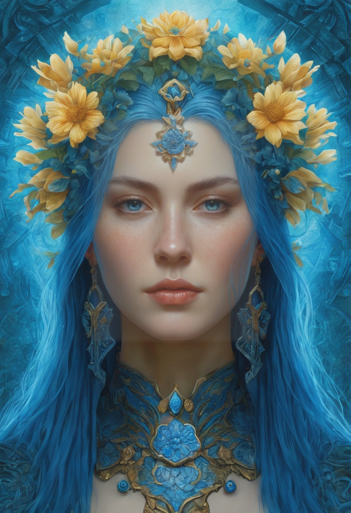 portrait of beautiful young mainem, warhammer, japanic style, cyberpunk, a lot of scars, more and more flowers, blue head,...