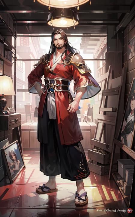 anime, ((full body view of lumeng)), (((dw7outfit))), (((1man))), dark brown hair, small goatee beard, hazel eyes, (((black hakama pants))), 8k, Unreal Engine 5, octane render, by seunghee lee, Jang Tae-Hwan, Chocofing R, seungho lee, smooth soft skin, big dreamy eyes, beautiful intricate colored hair, symmetrical, anime wide eyes, soft lighting, digital painting, detailed face, <lora:lumeng:0.4>