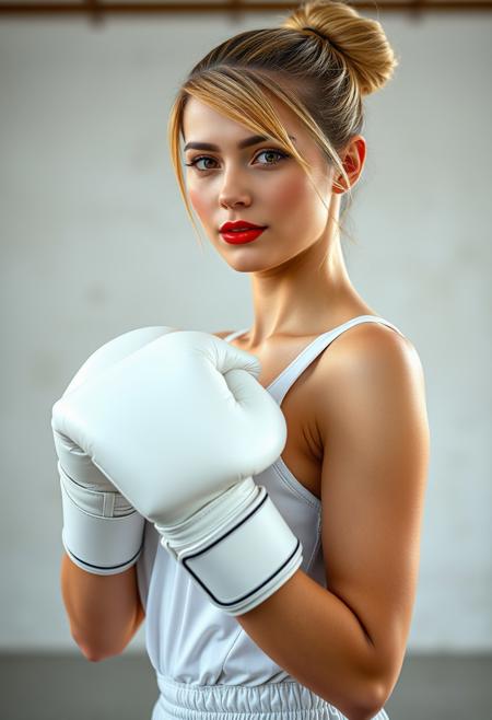 Upper body ,1girl ,beautiful 20 yo girl,blonde hair, bun_hair, straight short hair ,((Best quality, 8k, 32k, masterpiece,RAW photo, (realistic, photo-realistic:1.3),best quality,highly detailed,masterpiece,ultra-detailed)), (eyeliner, eyeshadow, red lipstick), (glossy lips), 20 years old, olympic symbol, brown hair, mature European girl, ((Studio Ghibli)), ((wearing white amatuer boxing sport attire,15 oz boxing gloves )), innocent, determined,blurry background,smile,,(oil shiny skin:0.5), ((big_boobs)), willowy, chiseled, (hunky:1.6),hourglass's body,(perfect anatomy, prefect hand,), 9 head body lenth, dynamic sexy pose, (artistic pose of awoman),((upper body ,from above:1.2)),More Detail