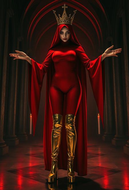 ((score_9, score_8_up, score_7_up)), (((character design, sci-fi warrior women, feminine power, perfect anatomy))), 
An enigmatic figure of a (occult)nun(caucasian), her red (skintight_sealed_bodysuit)habit sexy, conducting a sensual occult ritual inside a dark cathedral at (red)midnight. Her (eyeless)mask, elaborate crown, (fully)conceals her identity, adding to her mystique and allure. gold stiletto platform thigh boots, big breasts, tiny waist, flat abs, naughty, looking at viewer, seducing with her body, dancing towards viewer with her arms extending up, sexy ass seductive wide hips, butt cheeks, twerk, huge perky breasts, in the style of a vintage, high-contrast setting. Emphasize theatrical elements with a bit of bright colors against dark, moody backgrounds
,big butt, booty, bubble butt, <lora:add-detail-xl:2>