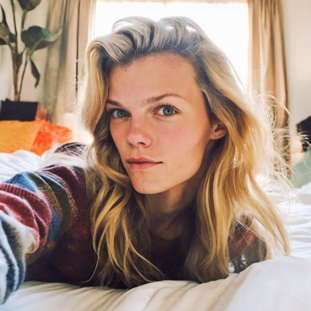 <lora:brooklyndecker_sdxl_lora_256_bf16_09:1>  a semi close up photo of brooklyndecker   selfie| shot from above| medium shot| streetwear| young woman| lying on her back| on a bed| curvy| medium breast size