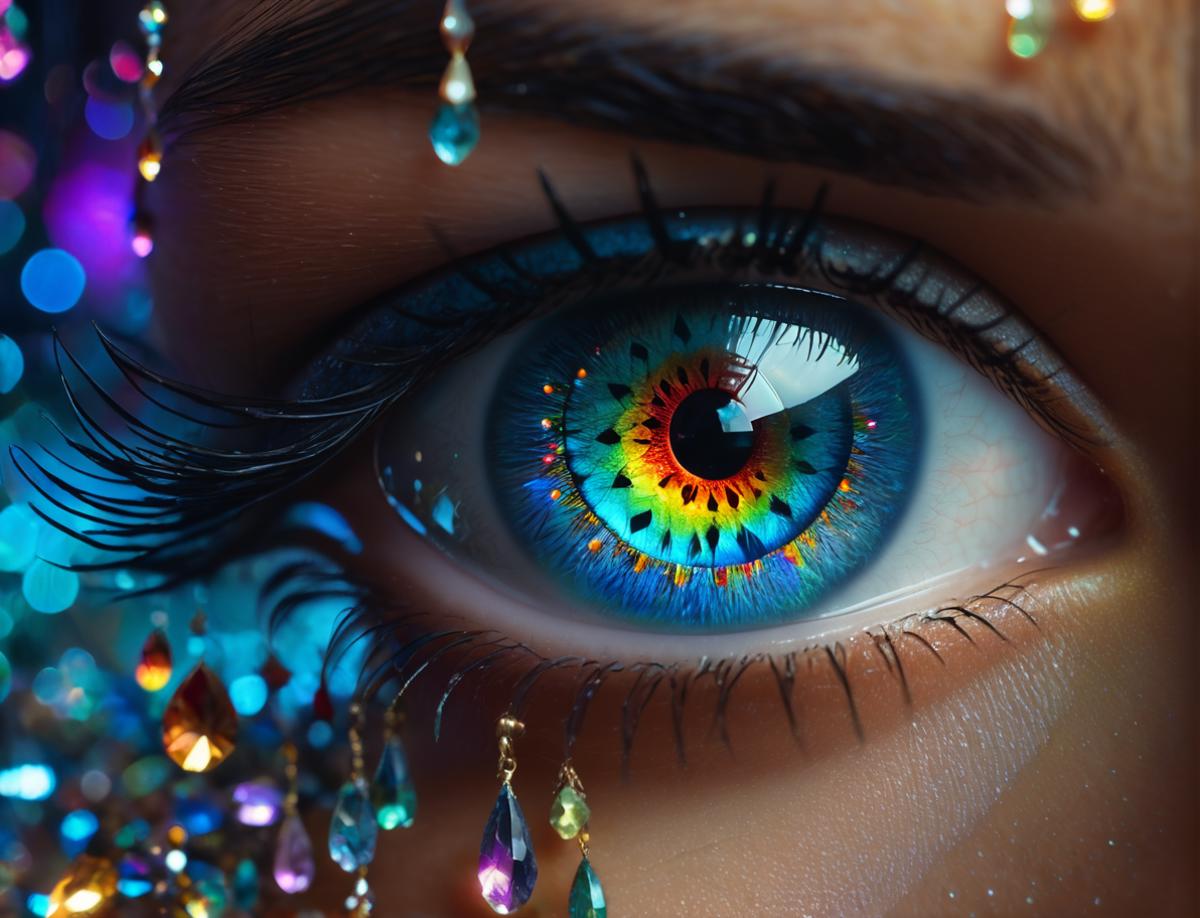 Artistic Rendering of Eye with Rainbow Colors and Crystal Decoration