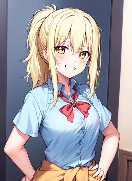 masterpiece, best quality, 1girl, solo,  <lora:ai_miyashita-10:0.65>, miyashita ai, blonde hair, yellow eyes, bangs, clothes around waist, nijigasaki academy uniform, upper body, smile, indoors, hands on hips, ponytail,