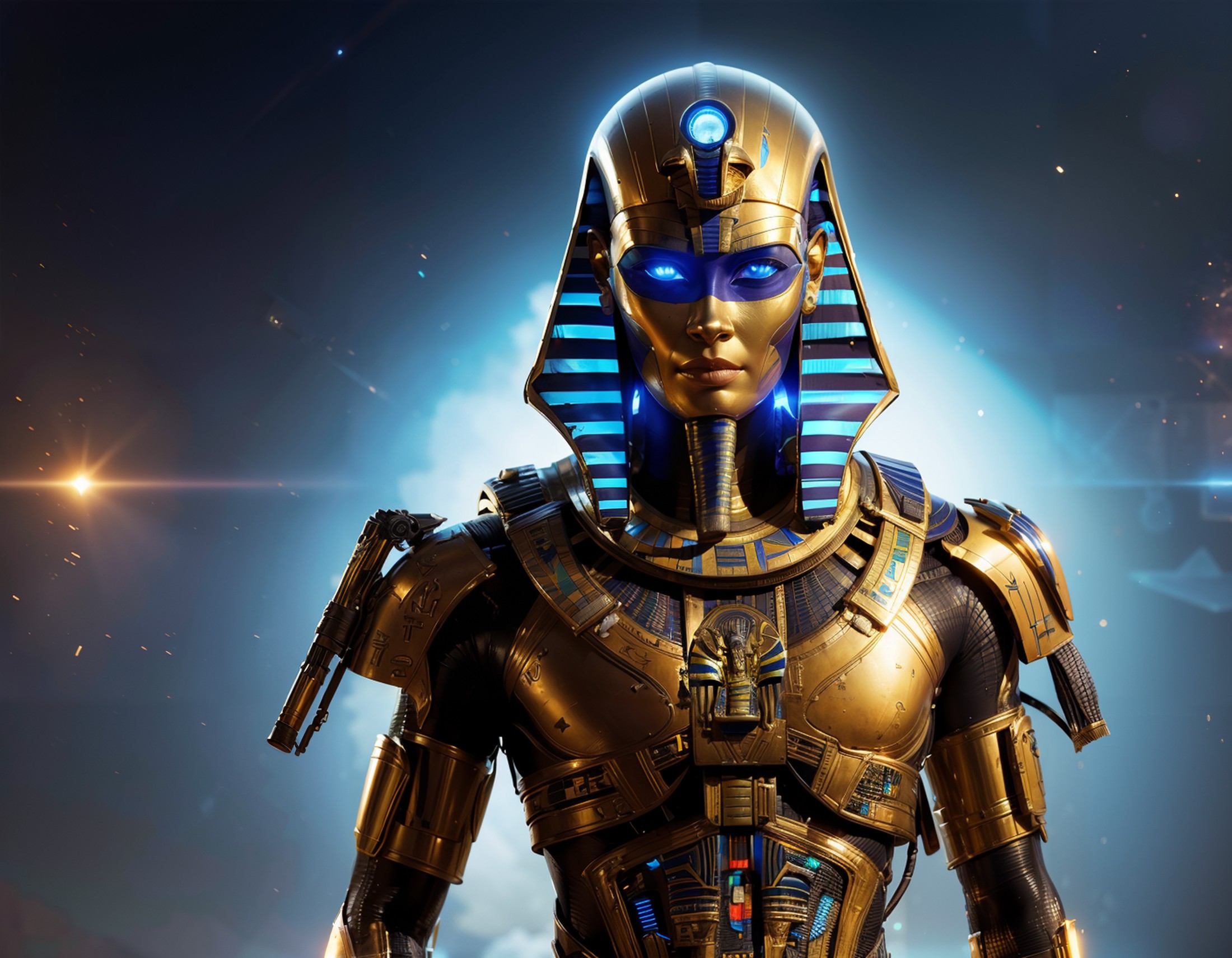 (egyptpunkai:1.3) {(scifi:1.3)} { pharaoh | female pharaoh | soldier | cyborg }, (amazing, Impressive lighting, vibrant co...
