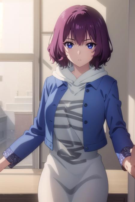 tang rou, short hair, (purple eyes:1.1), purple hair, jacket, hood, hoodie, blue jacket, dress,