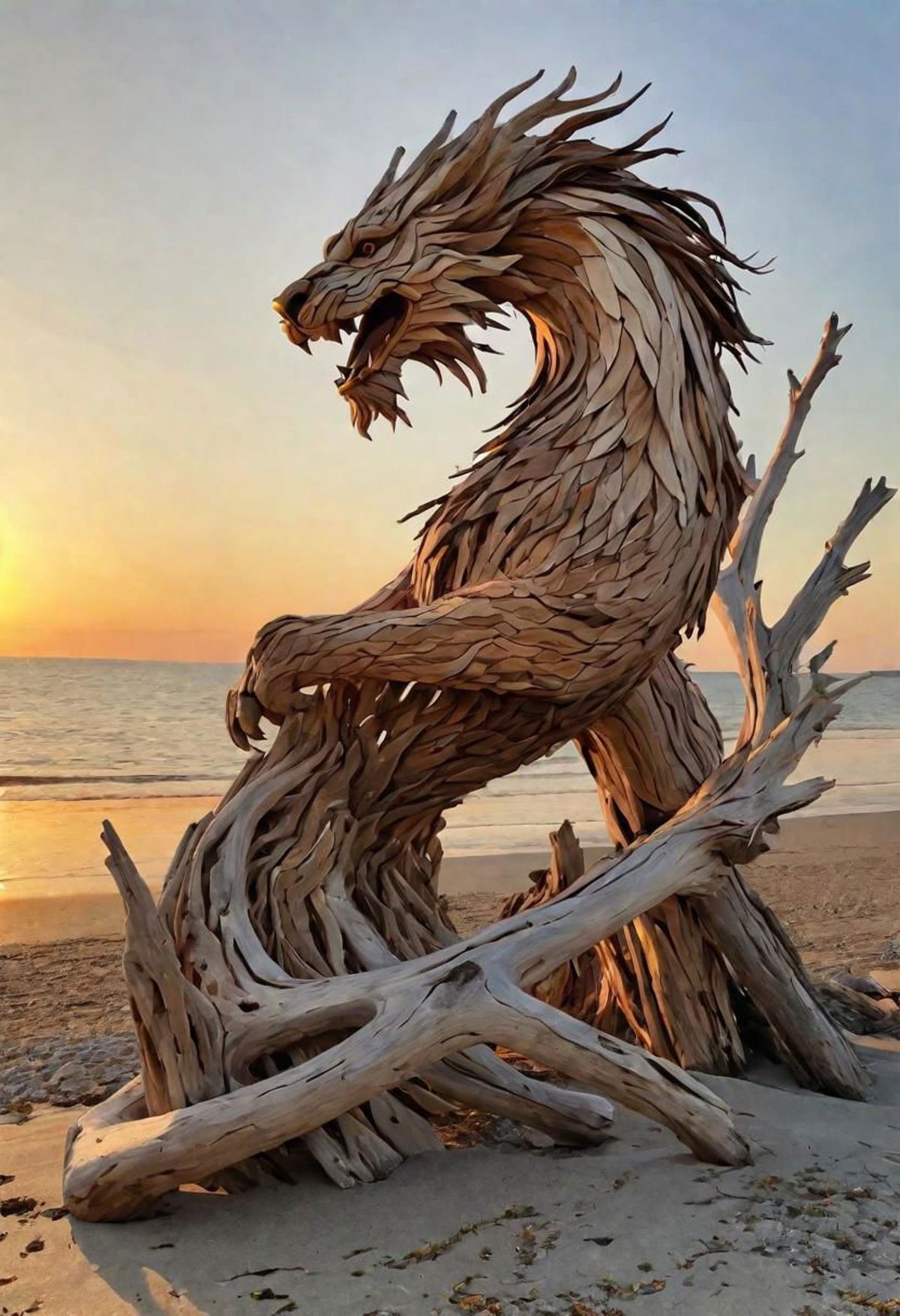 A wooden dragon sculpture on a beach.